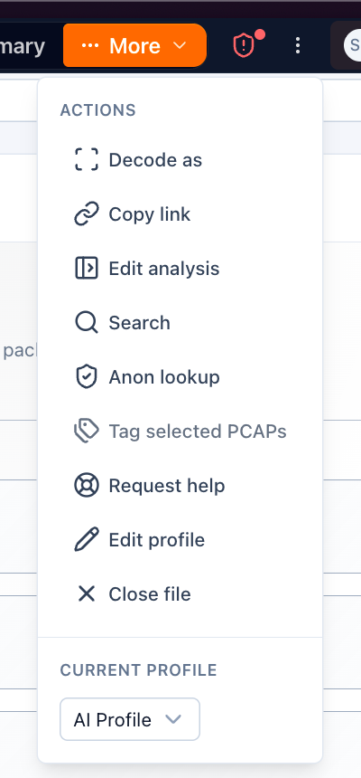 Analyzer More menu above the packet list