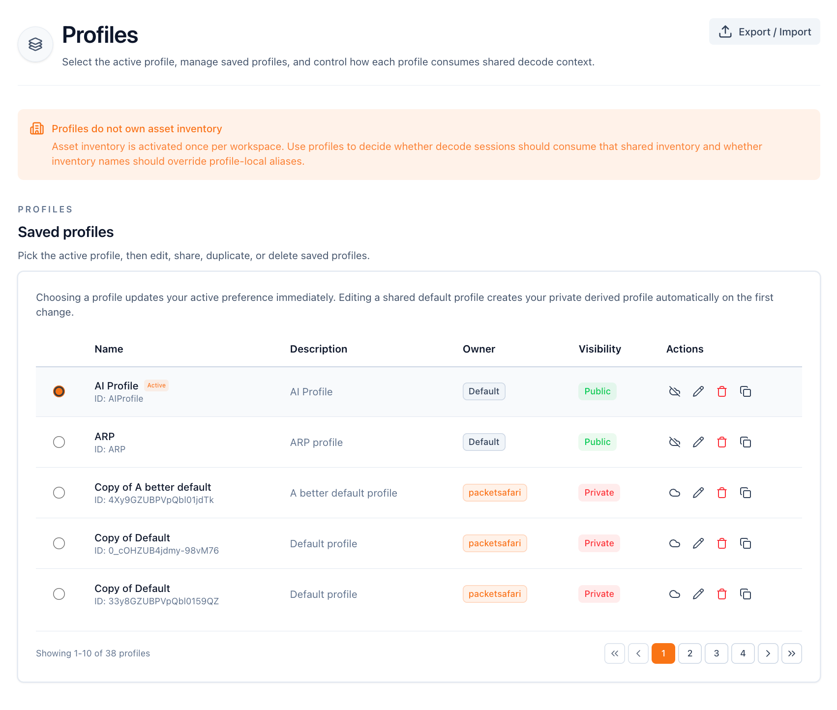 Profile list in PacketSafari settings