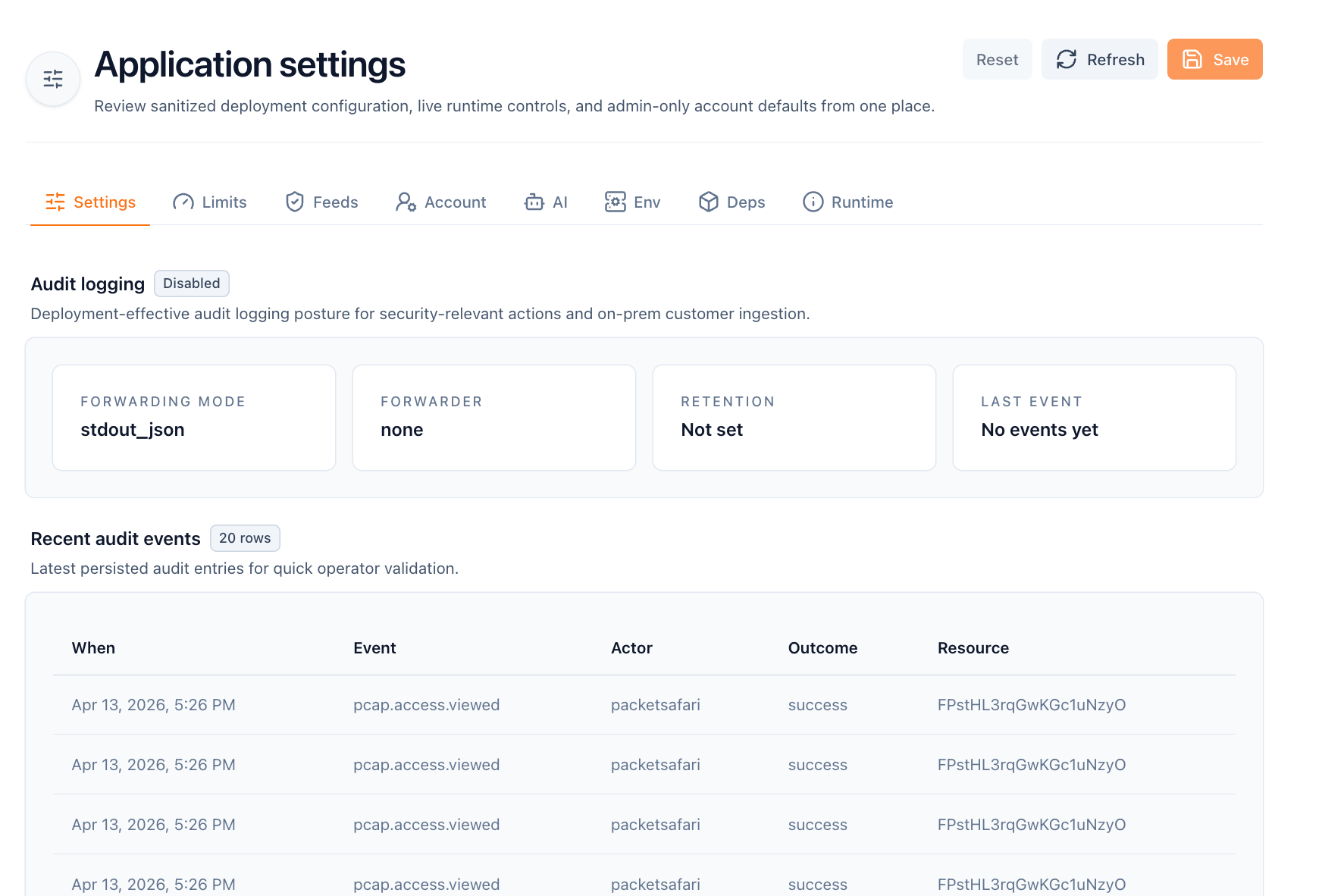 Application settings in PacketSafari