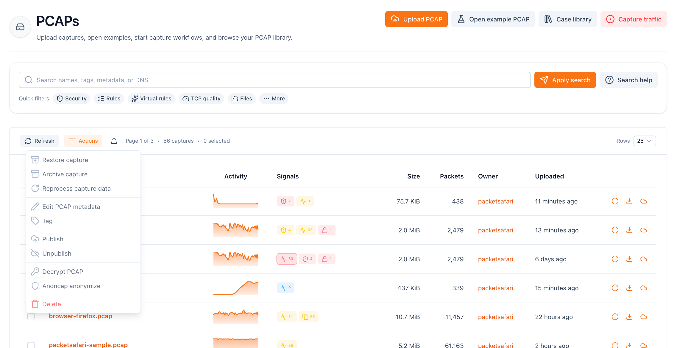 Mass actions menu in the PCAP browser