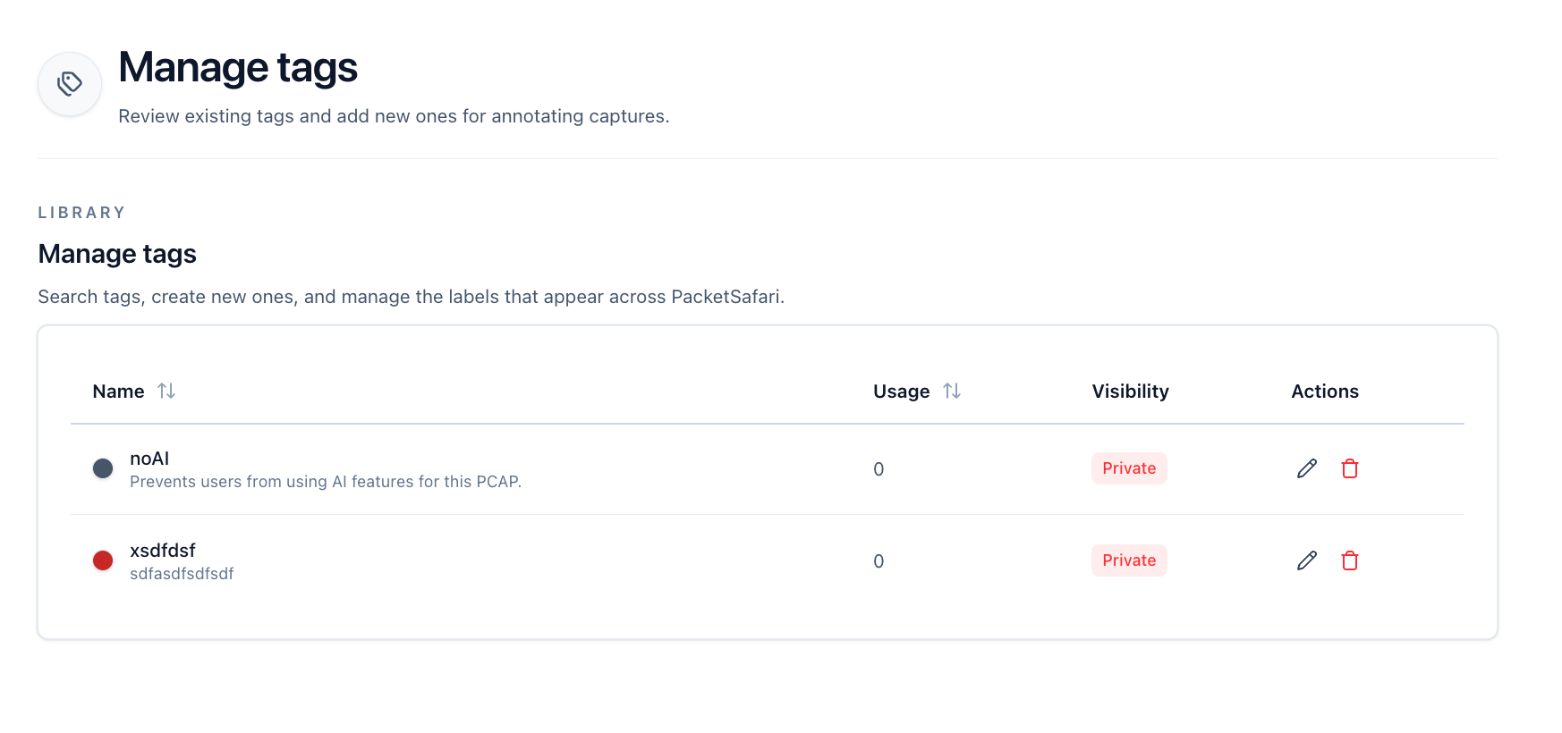 Manage tags in PacketSafari settings