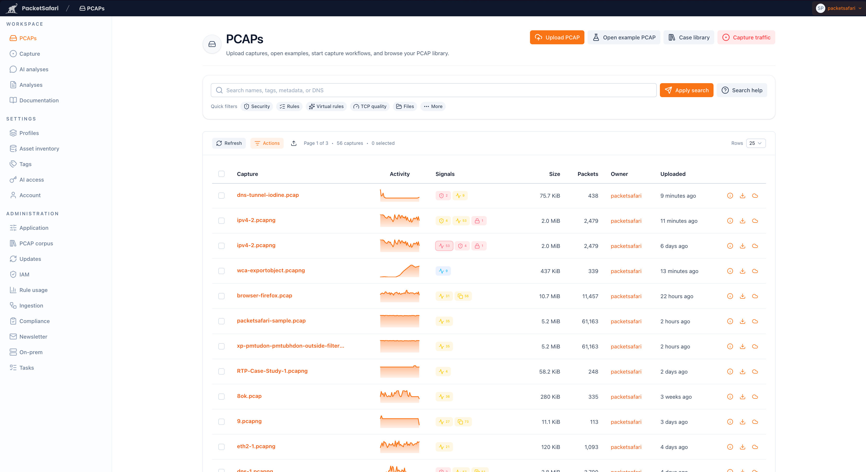 PCAP browser overview in PacketSafari