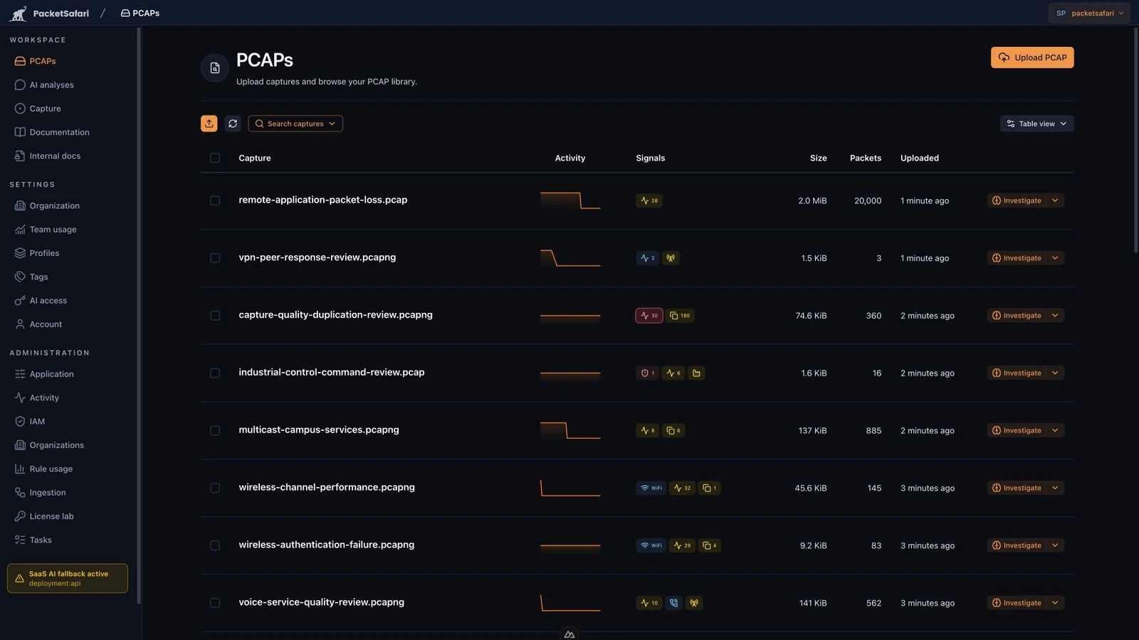 PacketSafari capture library with several anonymized captures ready for investigation