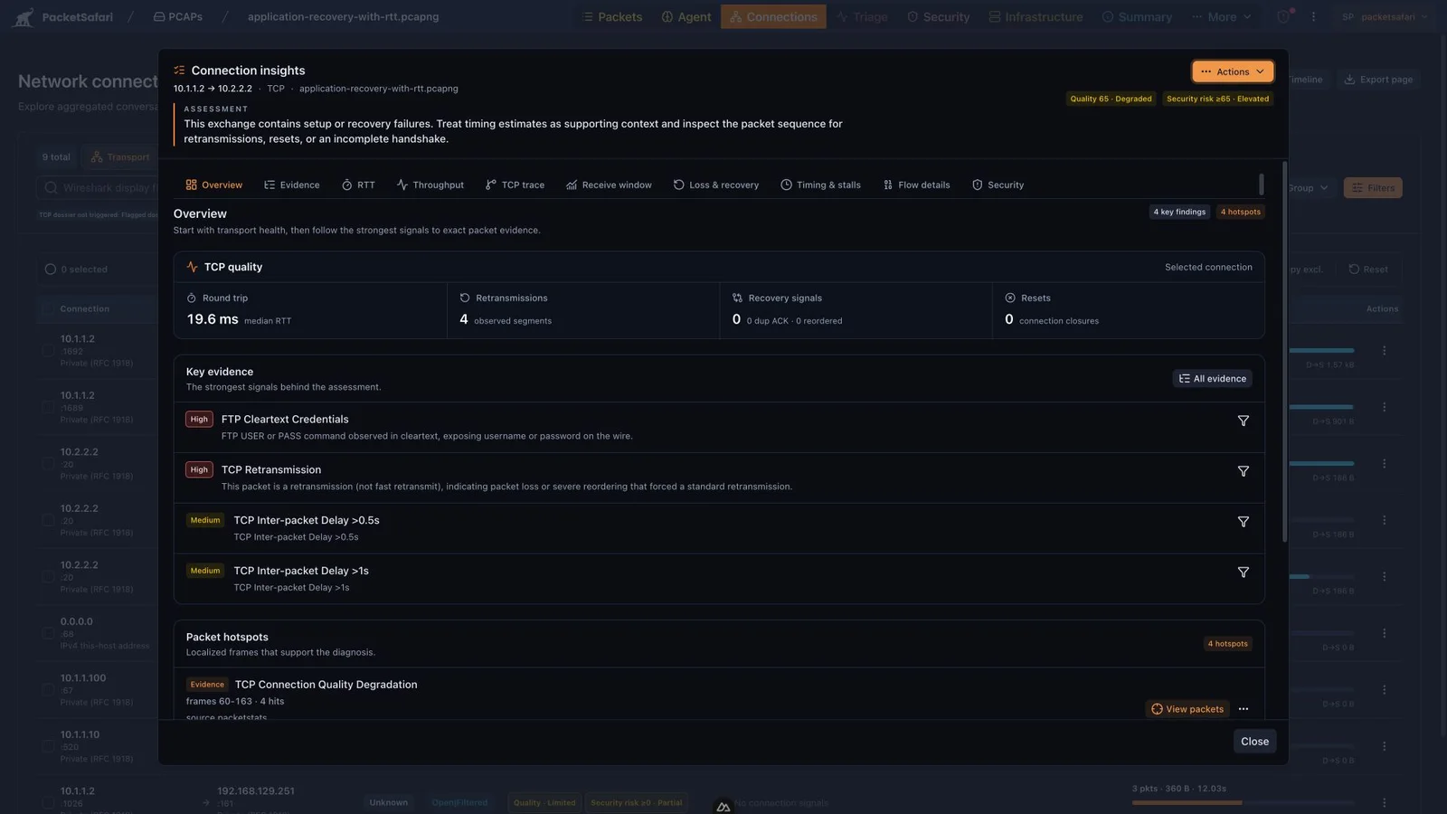 PacketSafari connection insights showing a measured 19.6 millisecond round trip, retransmissions, timing findings, and packet hotspots