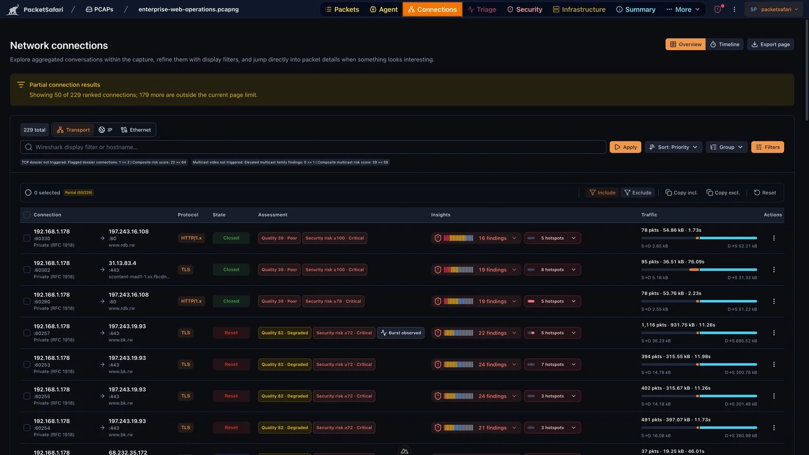 PacketSafari connection view with 229 conversations ranked by assessment, insights, and traffic