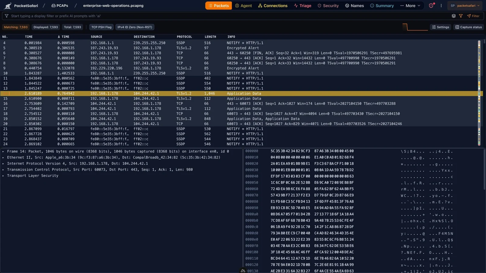 PacketSafari Analyzer showing populated packet rows, decoded protocol fields, packet bytes, and investigation guidance