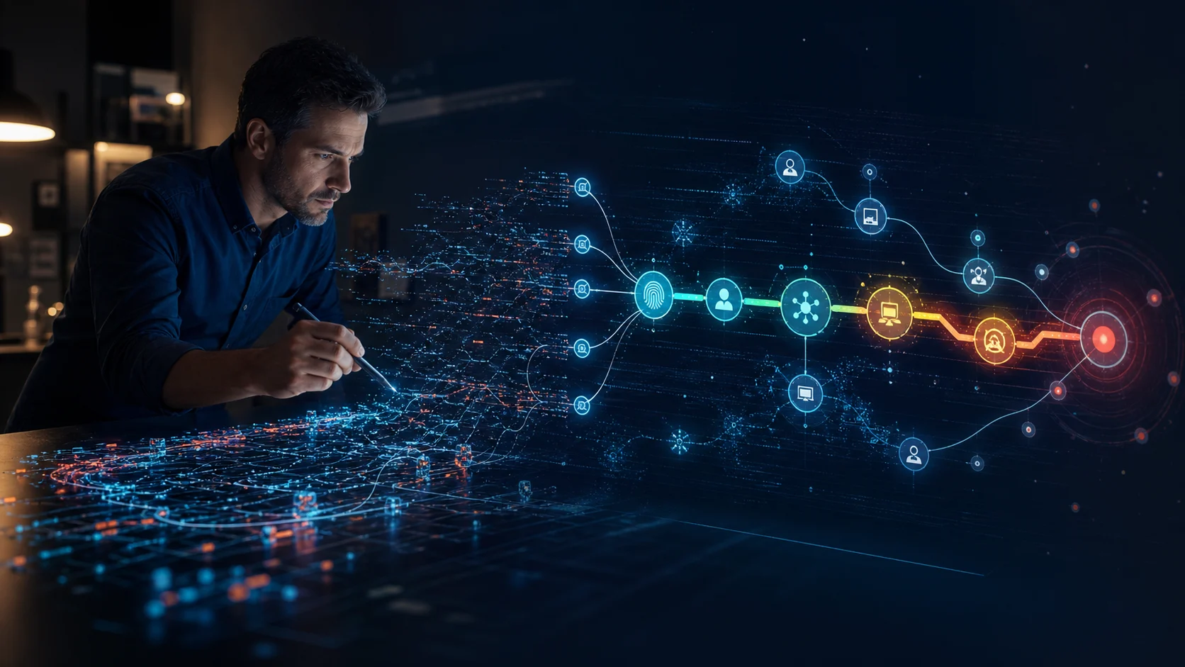 A security investigator turning packet traces, identity events, and connection paths into an evidence-backed breach timeline