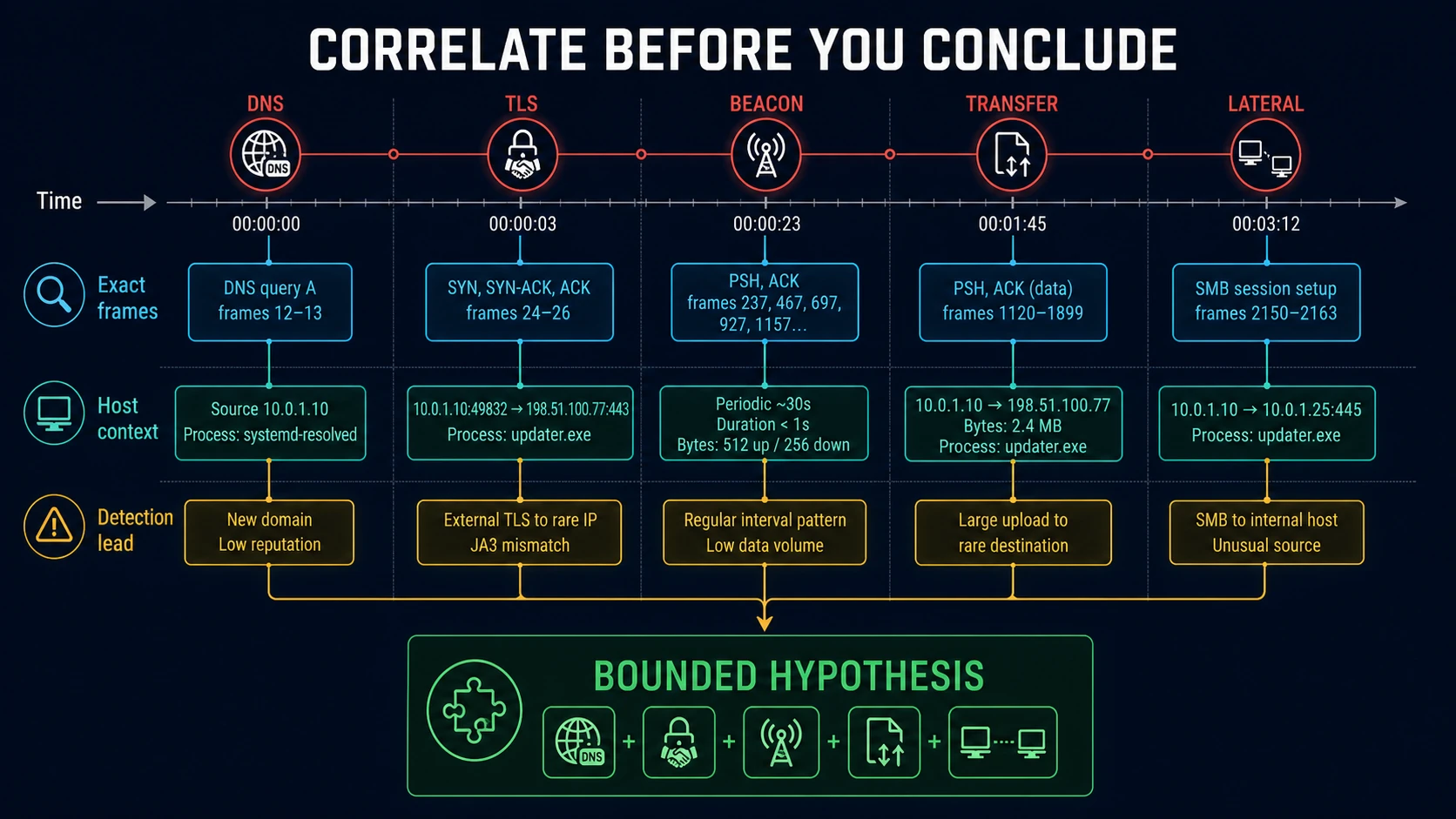 Security investigation timeline correlating DNS, TLS, beaconing, transfer, and lateral movement with exact frames, host context, and detection leads before forming a bounded hypothesis