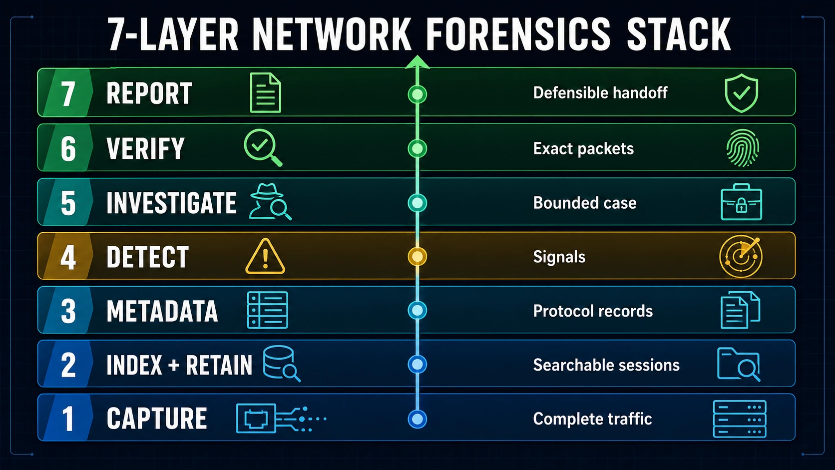 Seven-layer network forensics stack from packet capture, session retention, metadata, and detection through investigation, exact verification, and defensible reporting