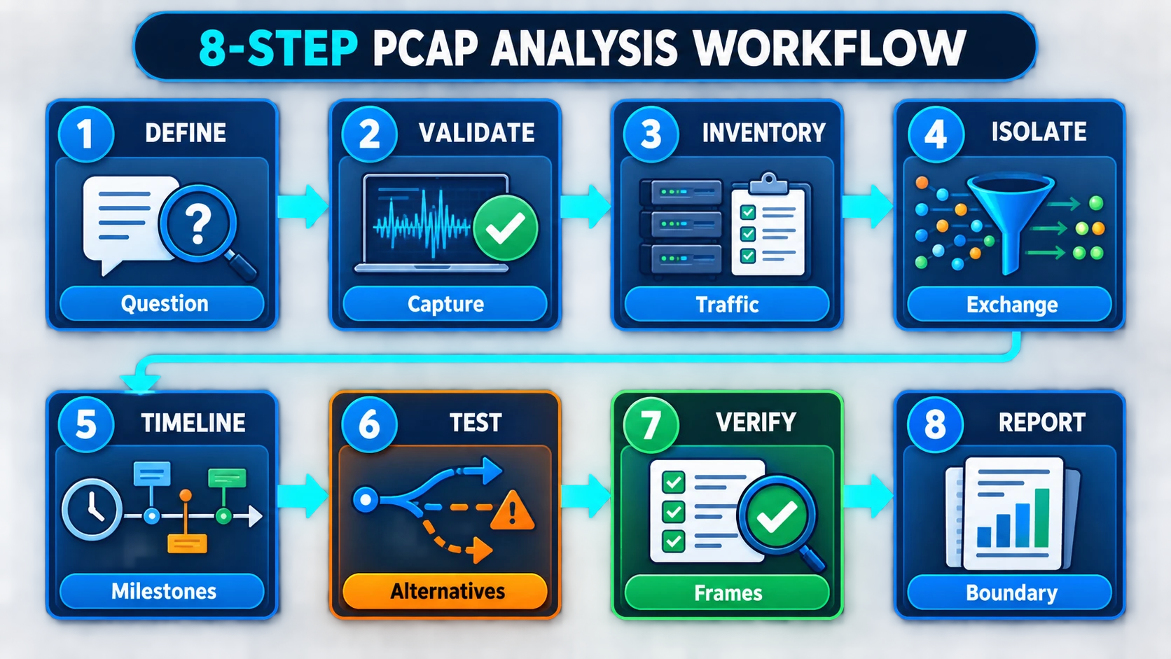 Eight-step PCAP analysis workflow from defining the question and validating the capture through inventory, isolation, timeline, hypothesis testing, packet verification, and reporting
