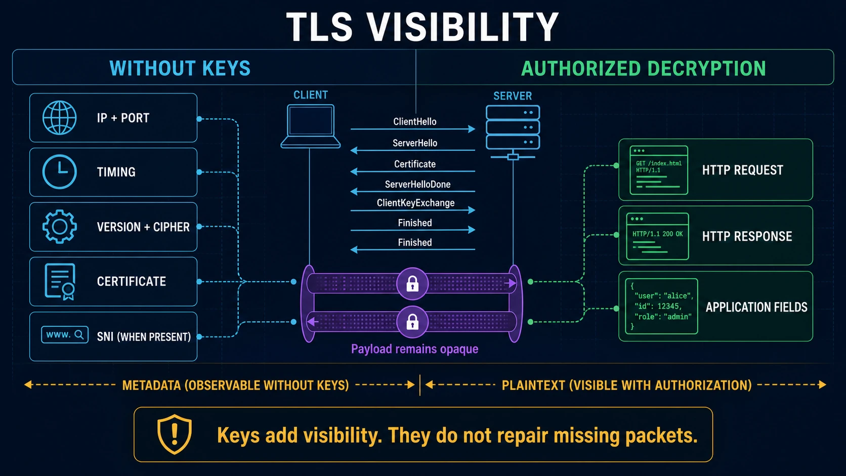 TLS visibility comparison showing IP addresses, ports, timing, version, cipher, certificate, and sometimes SNI without keys, plus HTTP and application fields with authorized session decryption
